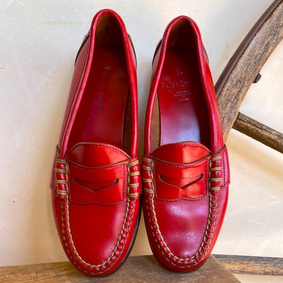 RALPH LAUREN Vtg 80’s Red Leather Loafers Sz 6B Mint RARE Handmade in Maine USA! - Picture 3 of 12